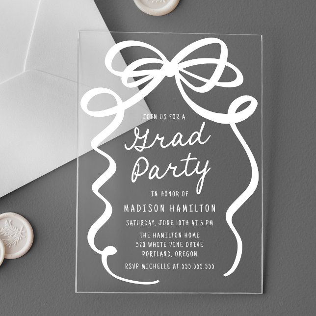 Modern Elegant White Bow Graduation Party Acrylic Invitations (Creator Uploaded)