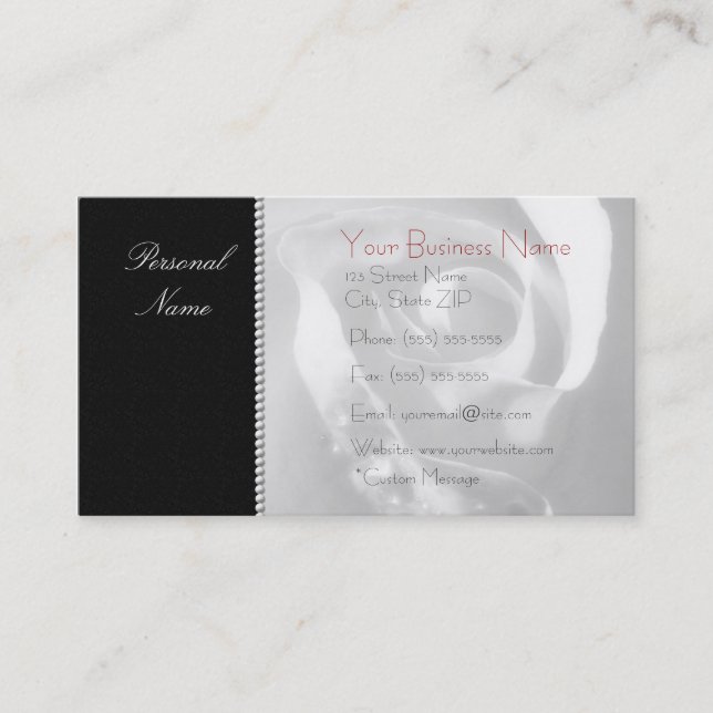 Modern Elegant White Bridal Rose On Black Business Card (Front)
