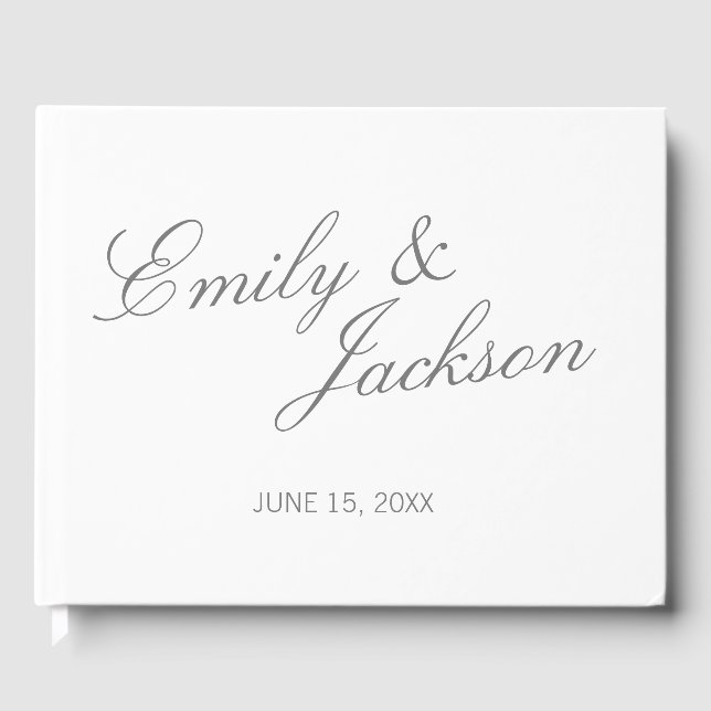 Modern Elegant White Calligraphy Script Wedding Guest Book (Front)