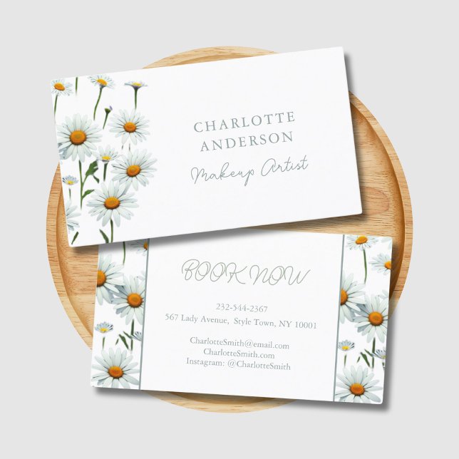 Modern Elegant White Daisy Floral Trendy Business Card (Modern daisy business card.)