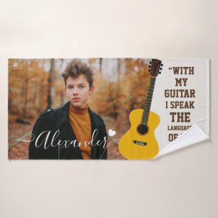 Modern Elegant White Electric Guitar Photo & Name Bath Towel