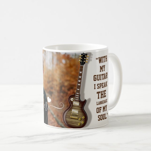 Modern Elegant White Electric Guitar Photo & Name Coffee Mug (Front Right)