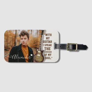 Modern Elegant White Electric Guitar Photo & Name Luggage Tag