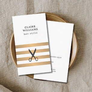 Modern Elegant White Faux Gold Stripes HairStylist Business Card