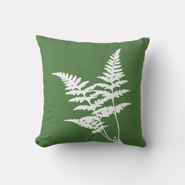 Modern Elegant White Fern on Green Throw Pillow (Front)