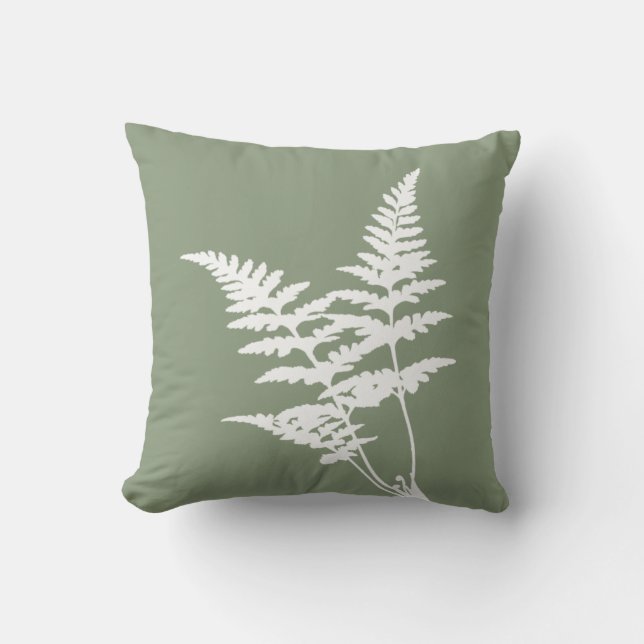Modern Elegant White Fern Sage Green Cushion (Front)