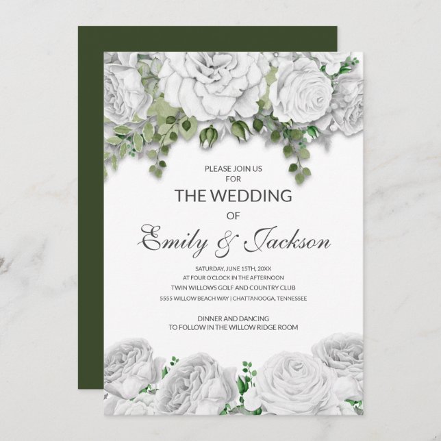 Modern Elegant White Floral Green Wedding Invitation (Front/Back)