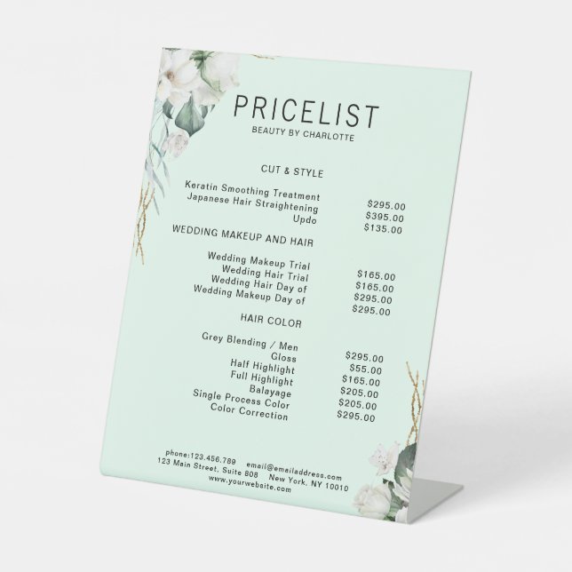 Modern,  elegant white flowers , price list pedestal sign (Front)