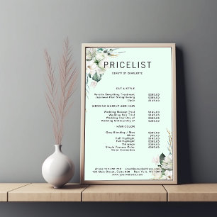 Modern, elegant white flowers , price list poster