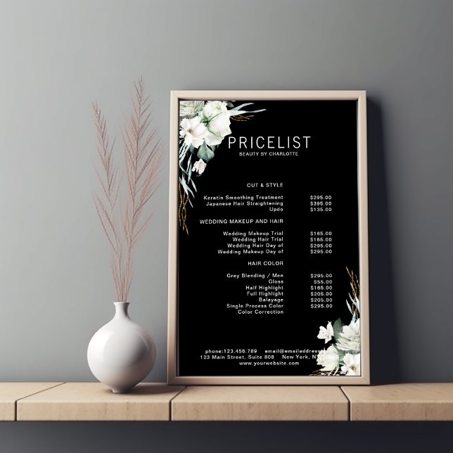 Modern,  elegant white flowers , price list poster (Creator Uploaded)