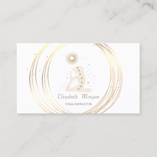 Modern Elegant White ,Gold Circles Yoga Girl Business Card (Front)