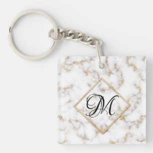 Modern Elegant White Gold Marble Monogram Keychain