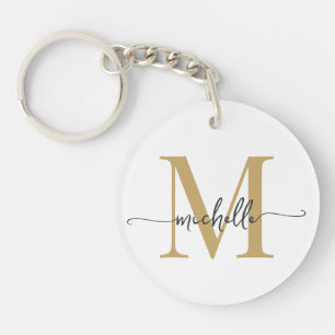 Modern Elegant White Gold Monogram Name Script Key Ring