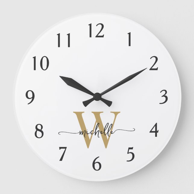 Modern Elegant White Gold Monogram Name Script Large Clock (Front)
