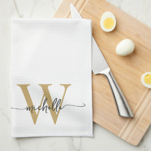 Modern Elegant White Gold Monogram Name Script Tea Towel