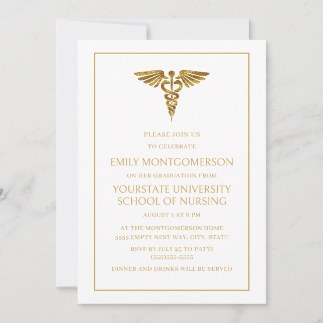 Modern Elegant White Gold Nursing School Graduate  Invitation (Front)