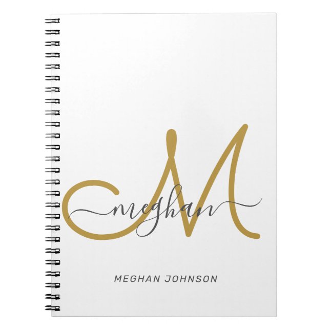 Modern Elegant White Gold White Script Monogram  Notebook (Front)