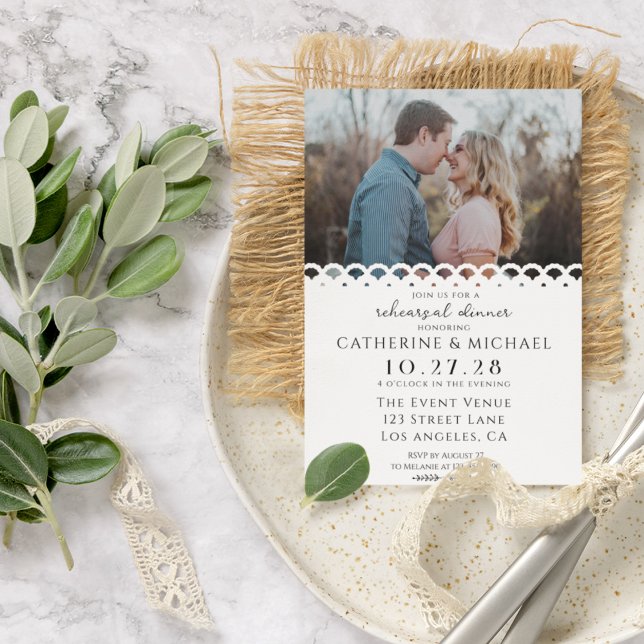 Modern Elegant White Lace Photo Rehearsal Dinner Invitation (Creator Uploaded)
