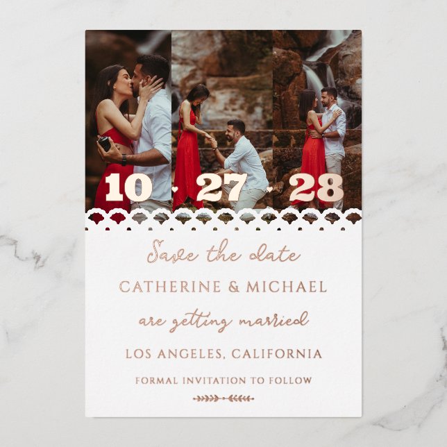 Modern Elegant White Lace Photo Save The Date (Front)