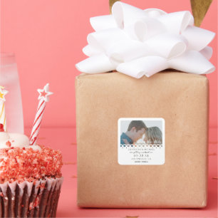 Modern Elegant White Lace Photo Save The Date Square Sticker