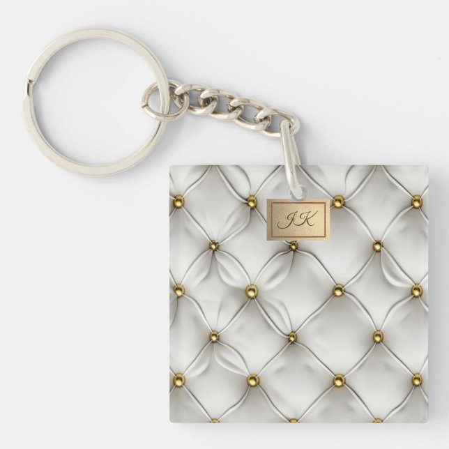 Modern Elegant White Leather Tufted Gold Key Ring (Front)