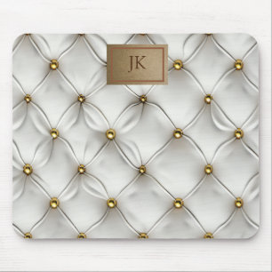 Modern Elegant White Leather Tufted Gold Mouse Pad