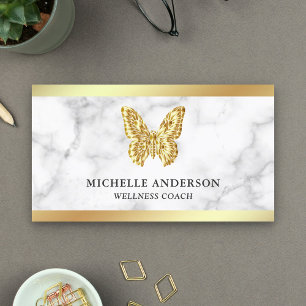 Modern Elegant White Marble Gold Foil Butterfly Business Card