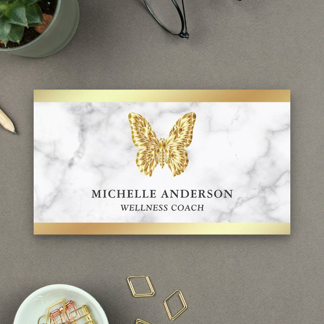 Modern Elegant White Marble Gold Foil Butterfly Business Card (Creator Uploaded)