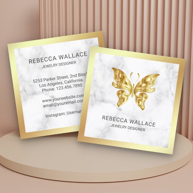 Modern Elegant White Marble Gold Foil Butterfly Square Business Card (Creator Uploaded)