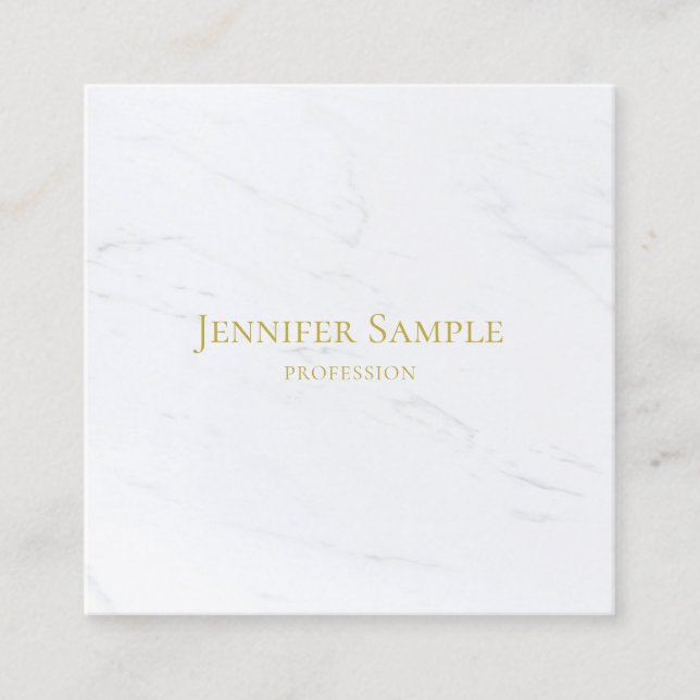 Modern Elegant White Marble Gold Text Luxury Plain Square Business Card (Front)