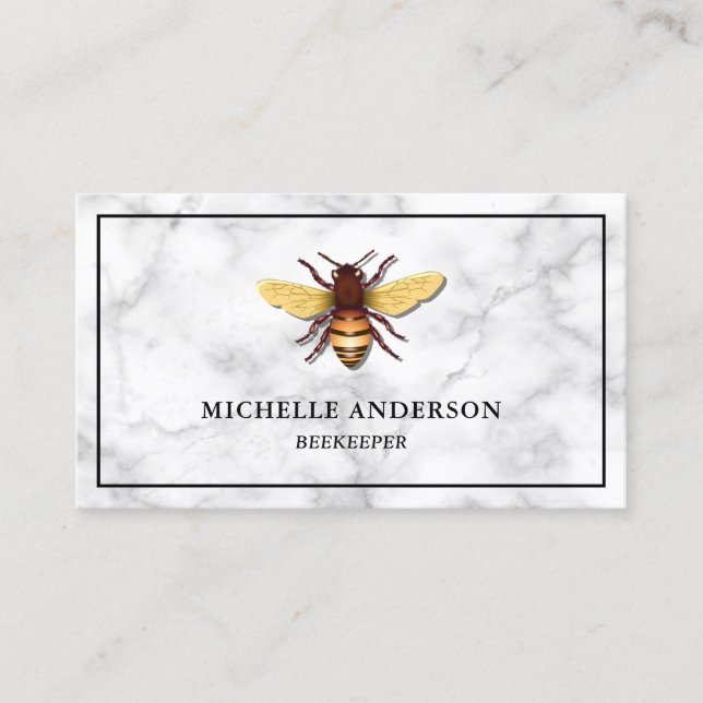 Modern Elegant White Marble Honey Bee Beekeeper Business Card (Front)