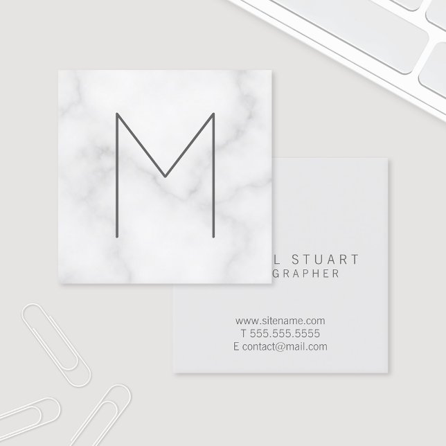Modern Elegant White Marble Monogram Square Business Card (Creator Uploaded)
