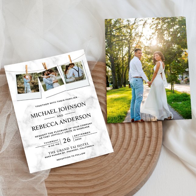 Modern Elegant White Marble Photo Collage Wedding Invitation (Creator Uploaded)