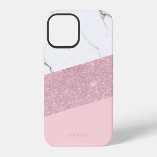 Modern elegant white marble & rose gold glitter  iPhone 12 case