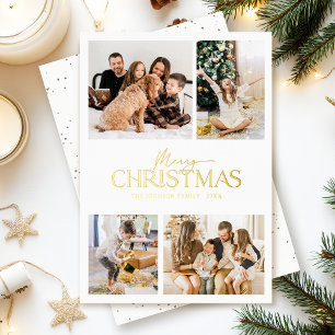 Modern Elegant White Merry Christmas Photo Gold Foil Holiday Card