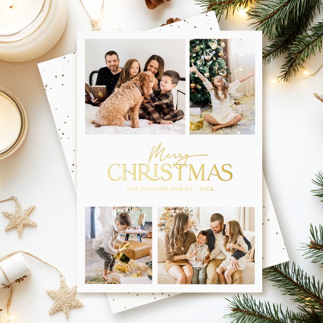 Modern Elegant White Merry Christmas Photo Gold Foil Holiday Card (Elegant modern white & gold foil lettering 'Merry Christmas' family photo holiday card  )