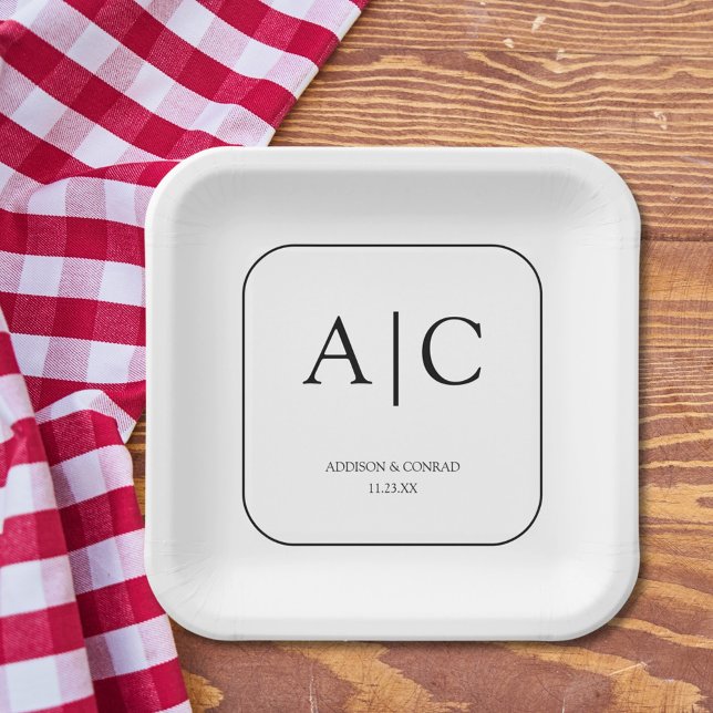  Modern Elegant White Monogram Wedding Square Paper Plate (Creator Uploaded)