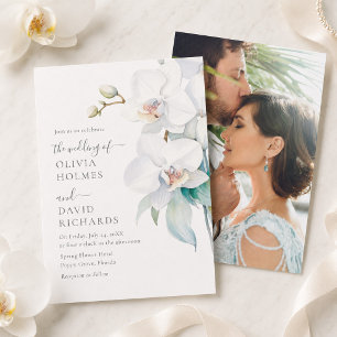 Modern Elegant White Orchid Photo Wedding Invite
