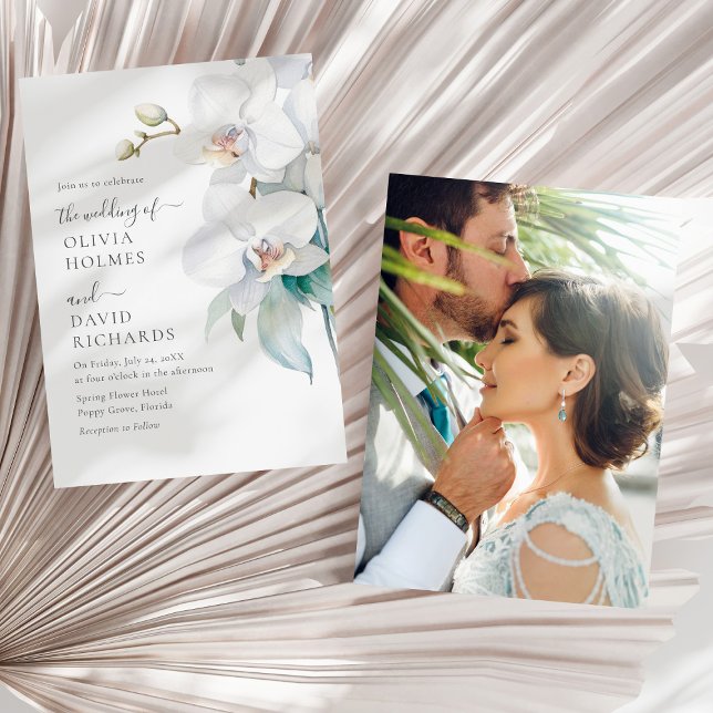 Modern Elegant White Orchid Photo Wedding Invite (Modern Elegant White Orchid Photo Wedding Invite on a sunny white dry palm leaf.)