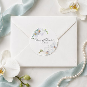 Modern Elegant White Orchid Wedding Classic Round Sticker