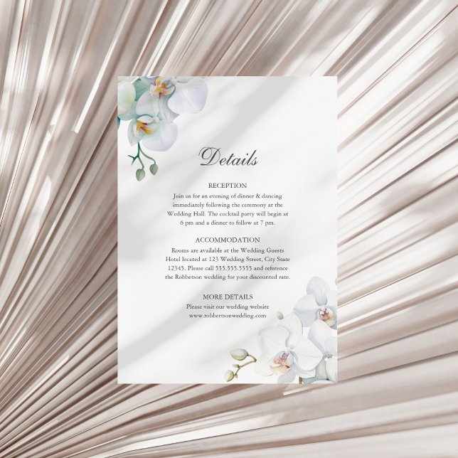 Modern Elegant White Orchids Wedding Details  Invitation (Modern Elegant White Orchids Wedding Details Invitation on  a sunny white dry palm leaf.)