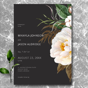 Modern Elegant White Peonies on Black Wedding Invitation