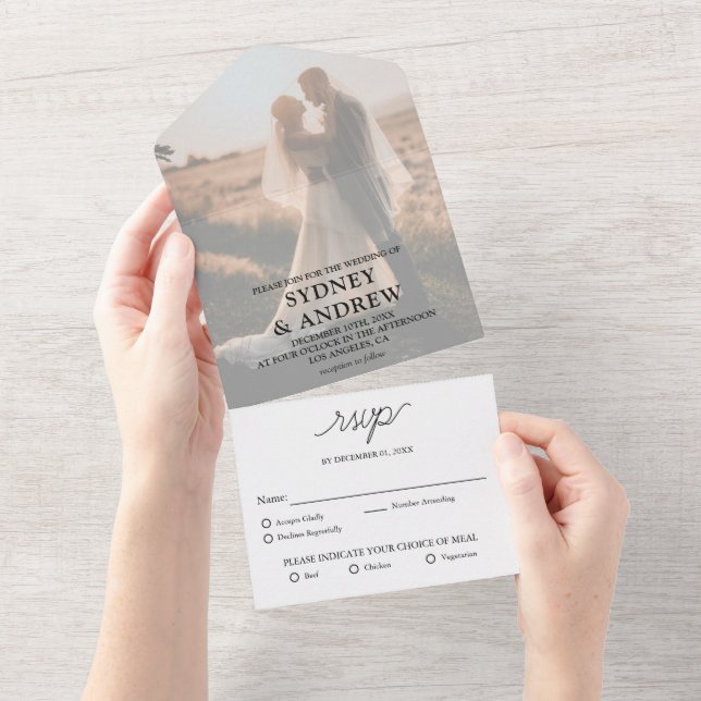 Modern Elegant White Photo RSVP Wedding All In One Invitation (Tearaway)