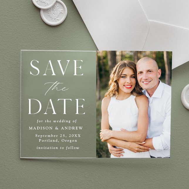Modern Elegant White Photo Save the Date Acrylic Invitations (Creator Uploaded)