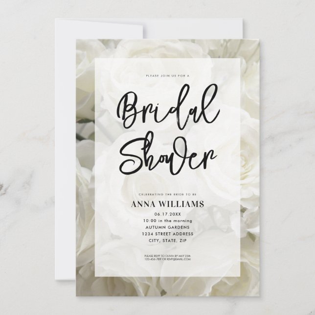 Modern Elegant White Rose Floral Bridal Shower Invitation (Front)