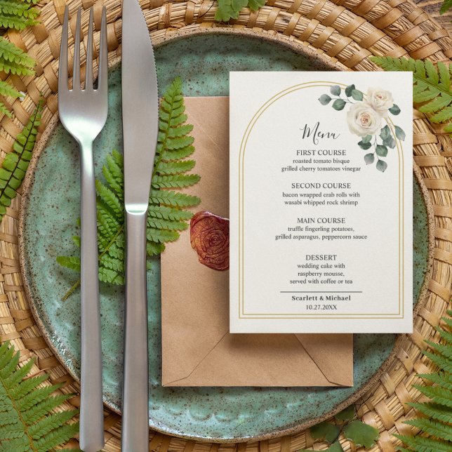 Modern Elegant White Rose & Golden Arch Wedding Menu (Creator Uploaded)
