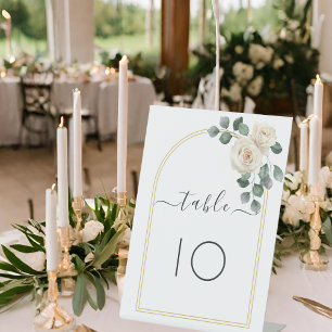 Modern Elegant White Rose & Golden Arch Wedding Pedestal Sign