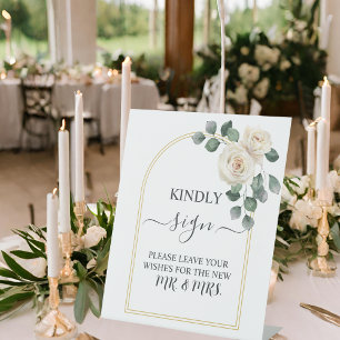 Modern Elegant White Rose & Golden Arch Wedding Pedestal Sign