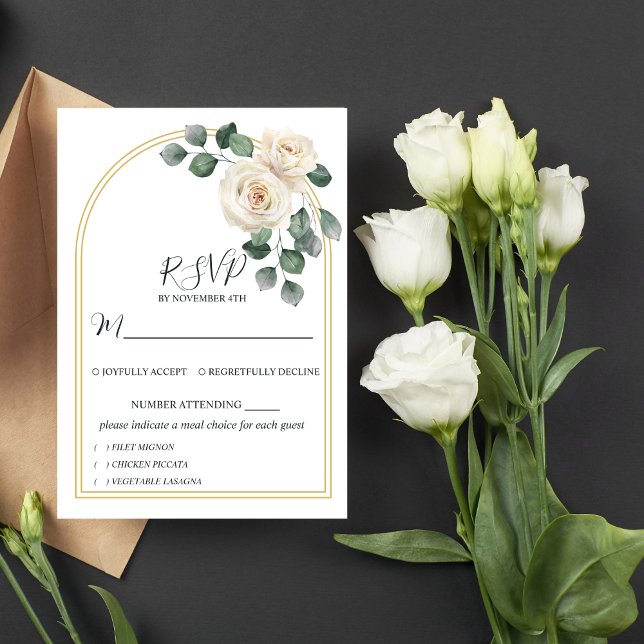 Modern Elegant White Rose & Golden Arch Wedding RSVP Card (Creator Uploaded)