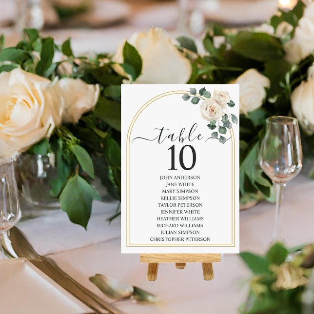 Modern Elegant White Rose & Golden Arch Wedding Table Number (Creator Uploaded)